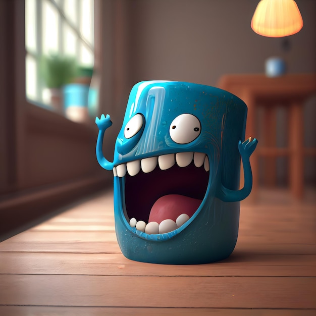 Balde azul engraçado com ilustração 3d de rosto sorridente