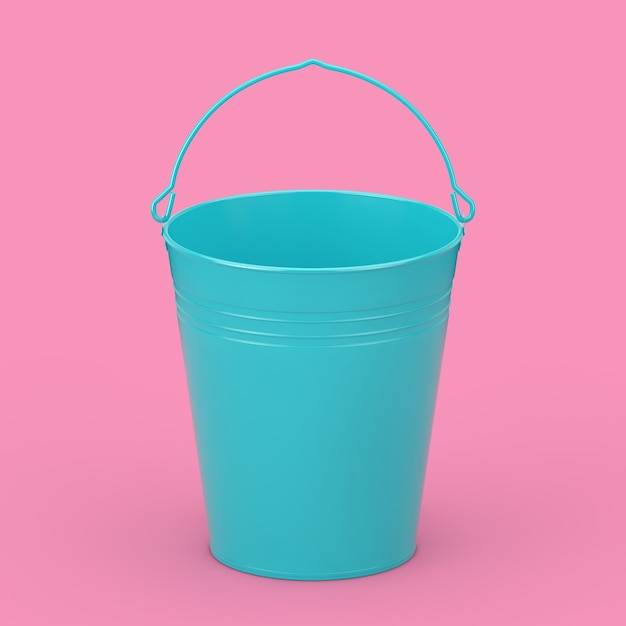 Balde azul vazio com alça no estilo Duotone em um fundo rosa. Renderização 3D