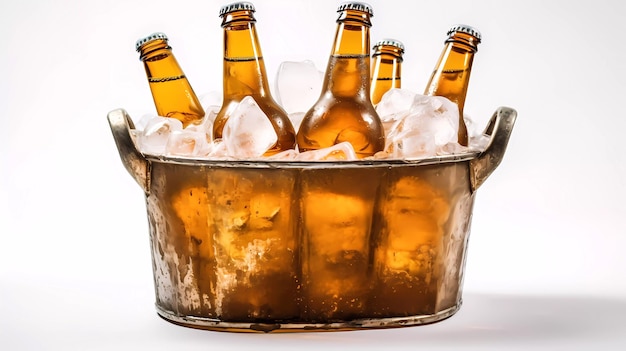 Un balde de botellas de cerveza con hielo