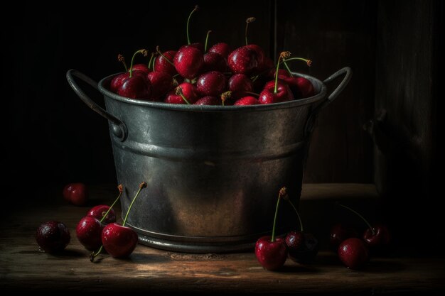 Un balde de cerezas se sienta en una mesa con la palabra cerezas en él