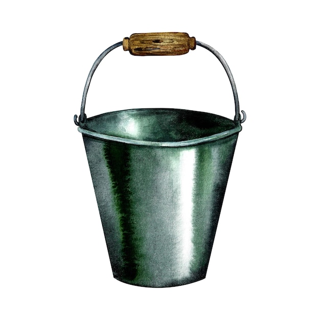 Balde com alça de metal verde, ilustração em aquarela.