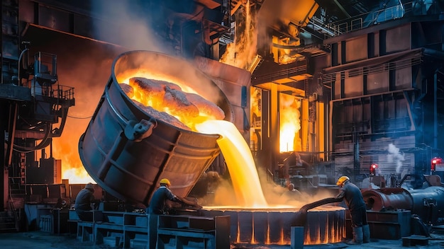 Foto balde com ferro fundido quente a ser derramado no molde produção industrial de aço e fundição de fundição