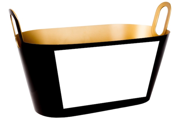 Balde de champanhe preto e dourado de maquete dourado vazio com etiqueta de papel em branco branco simulado para marca promocional