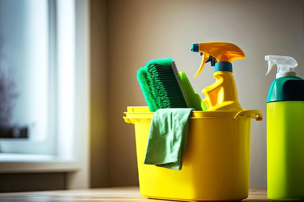 Balde de limpeza amarelo com produtos de limpeza e luvas está na mesa perto da janela