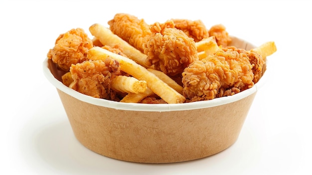 balde de papel clássico de fast food cheio de batatas fritas de frango