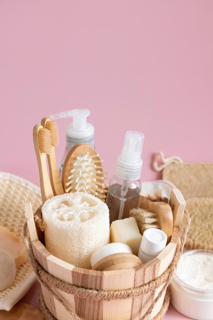 Foto balde de sauna com cosméticos naturais orgânicos e acessórios reutilizáveis de desperdício zero para cuidados com a pele e os cabelos em rosa close up de produtos de beleza ecologicamente corretos para massagem de banho ou salão de spa