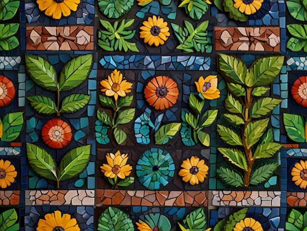 Foto una baldosa de mosaico con flores y hojas