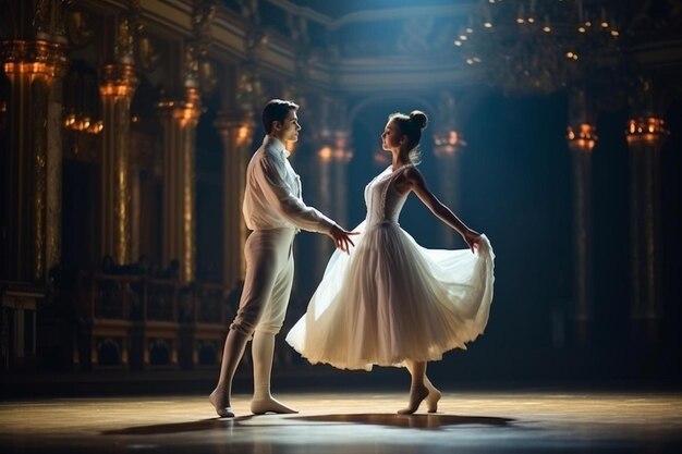 Foto balé clássico realizado por um casal de dançarinos de balé no palco da casa da ópera