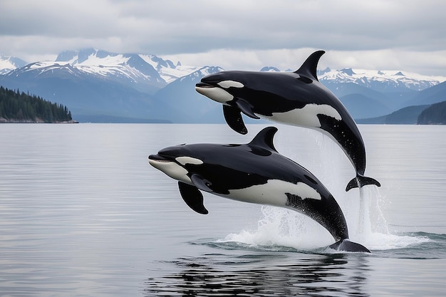 Baleia assassina orcinus orca casal saltando Canadá