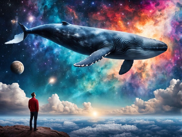 Baleia colorida conceito de viagem ao espaço exterior mostrando um homem olhando para a baleia gigante voando no b