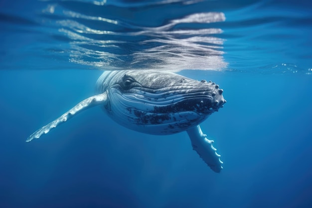 Baleia corcunda brinca perto da superfície em águas azuis Baleia Corcunda no mar do Pacífico