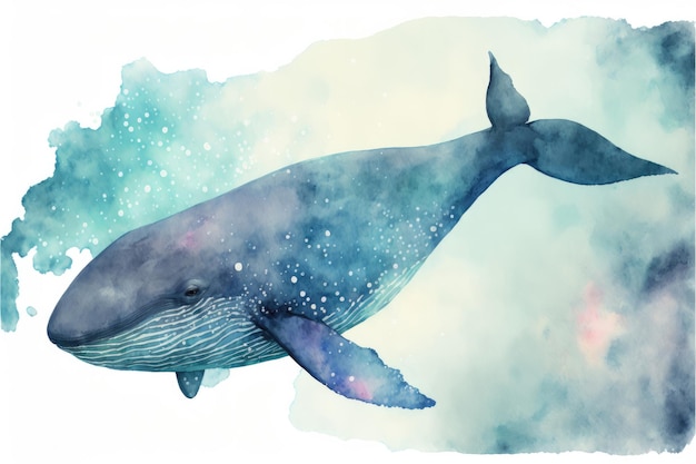 Baleia fofa no oceano Pintura em aquarela de animais aquáticos fofos