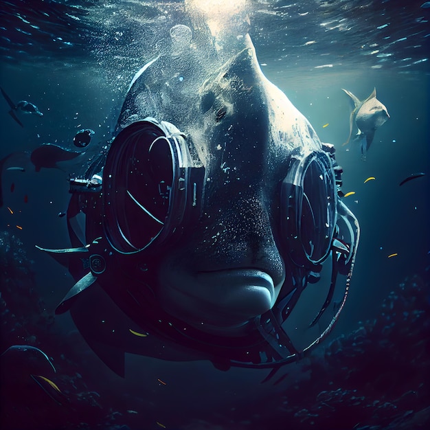 Baleia grande na renderização 3d do mundo subaquático do oceano