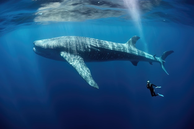 Baleia jubarte e mergulhador no oceano azul profundo Cachalote ao lado de um mergulhador livre AI gerado