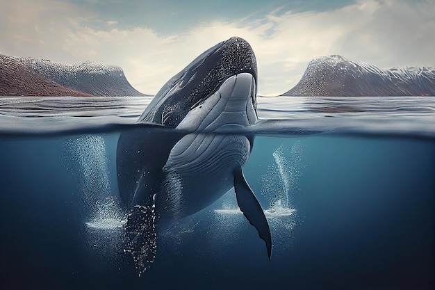 Baleia jubarte nadando no oceano azul profundo generative ai