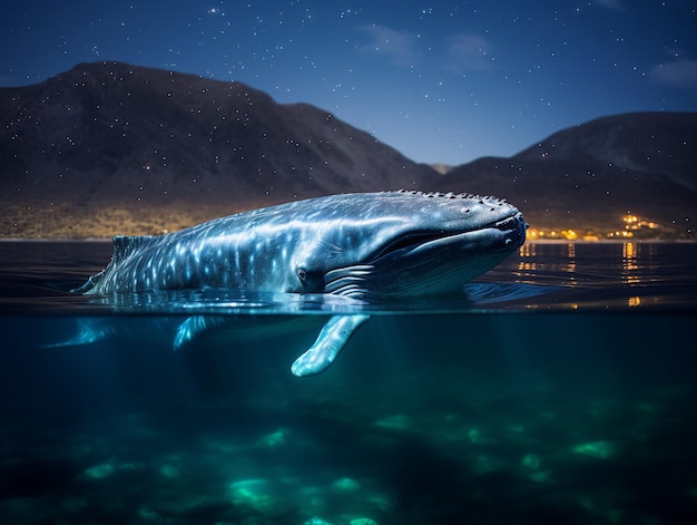 Baleia misteriosa no mar da noite estrelada