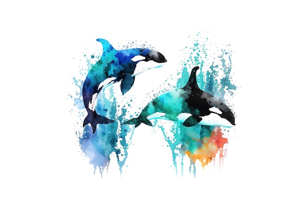 Baleias assassinas são desenhadas com aquarelas multicoloridas isoladas em um fundo branco Gerado por IA