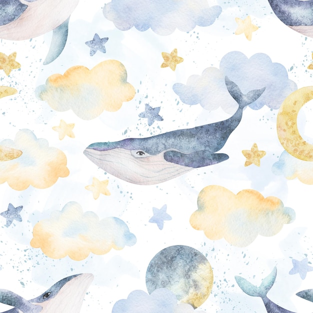 Baleias em aquarela nuvens estrelas da lua padrão sem costura Ilustração de animais marinhos em aquarela