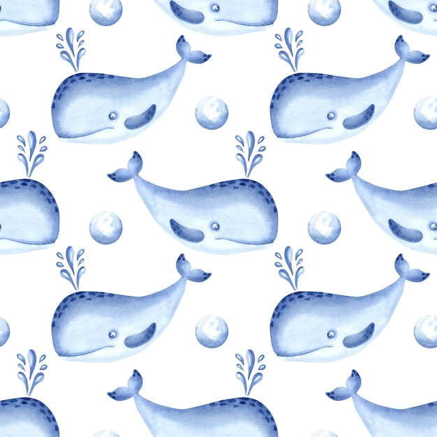 Balena espermatozoide y burbujas de agua acuarela patrón sin costuras para niños diseños de animales marinos lindos