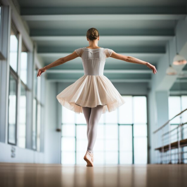 Balerina de vestido branco a dançar na aula de ballet