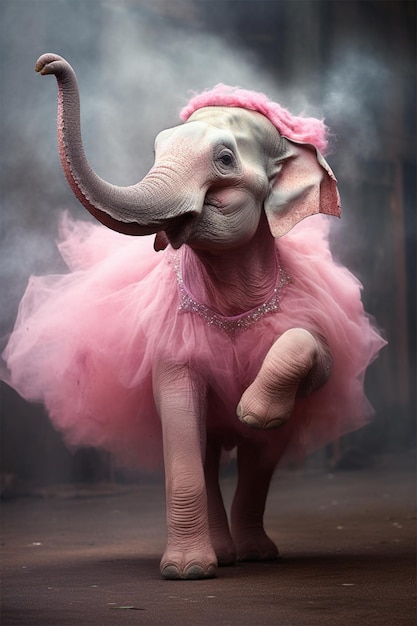 Balerina elefante encantadora em vestido rosa dançando no palco