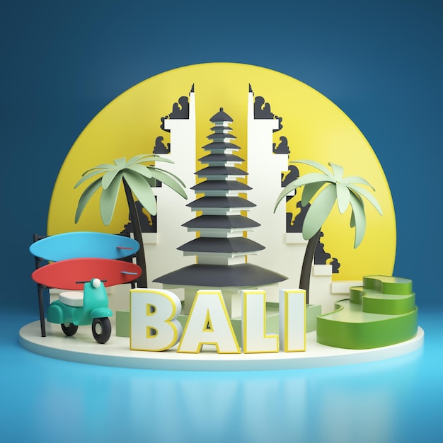 Bali Attraktionen Tempel Surfen und Fahrrad 3D-Render