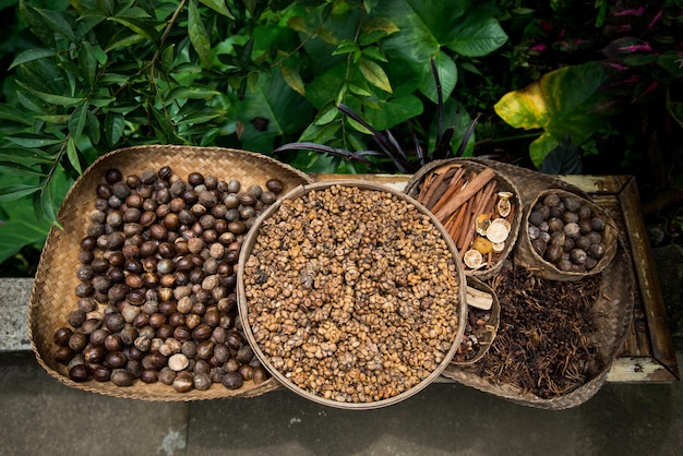 Bali-Hintergründe Zutaten Gewürze und Kaffee Luvak