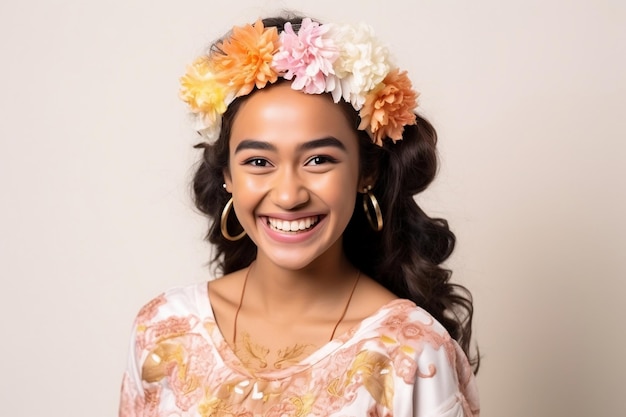 Balinesische Frau lächelt glücklich in traditioneller Kleidung. Generative KI