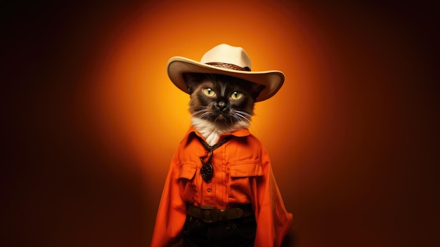 Balinesische Katze als Cowboy gekleidet auf orangefarbenem Hintergrund
