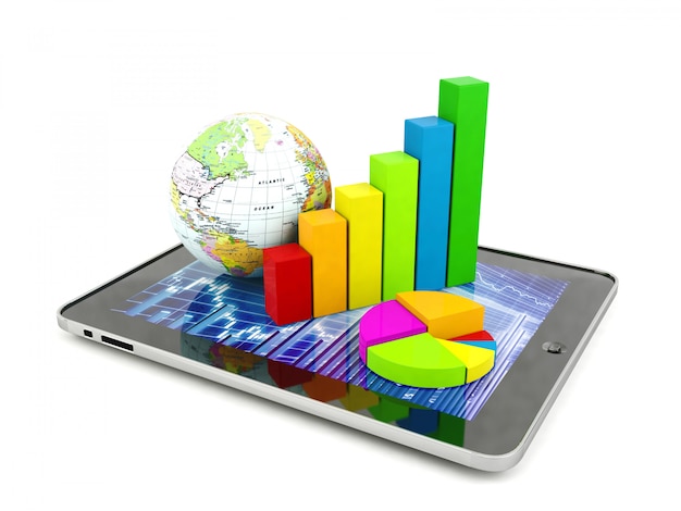 Balkendiagramm, Kreisdiagramm und Globus auf Tablett.