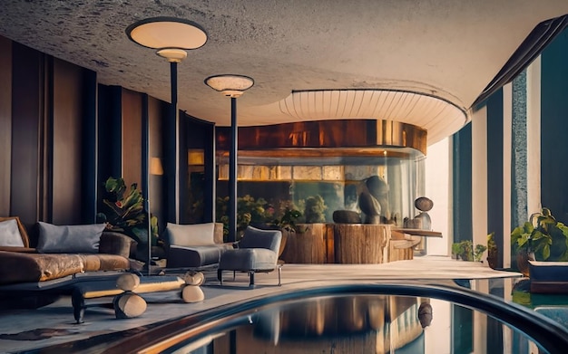 Balkon eines Hotels, Design von Eero Sarinen, stimmungsvoll