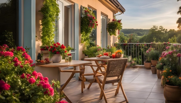 Balkon mit Blick auf die Berge und die Sonne