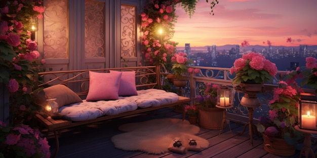 Balkon mit Kerzen und Blumen