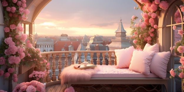 Balkon mit rosa Blumen und Buch auf der Bank