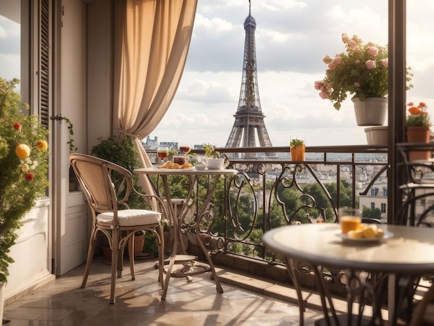 Balkon mit Tisch und Stühlen mit Blick auf den Eiffelturm