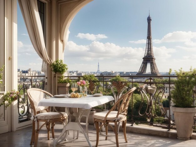 Balkon mit Tisch und Stühlen mit Blick auf den Eiffelturm