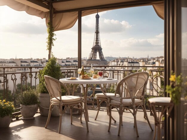 Balkon mit Tisch und Stühlen mit Blick auf den Eiffelturm