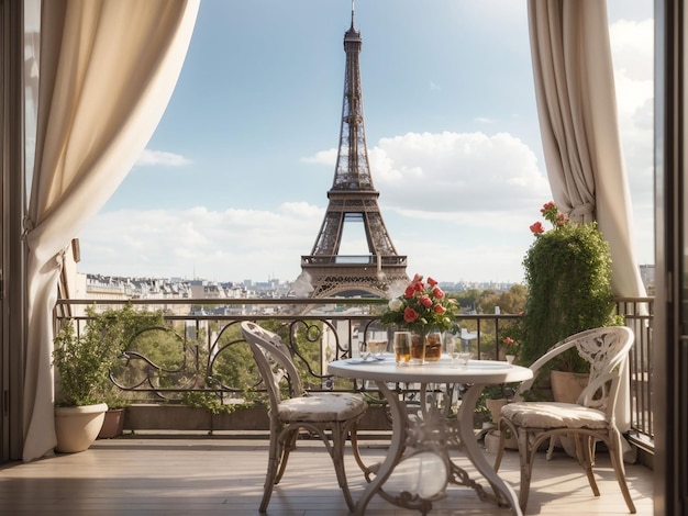 Balkon mit Tisch und Stühlen mit Blick auf den Eiffelturm