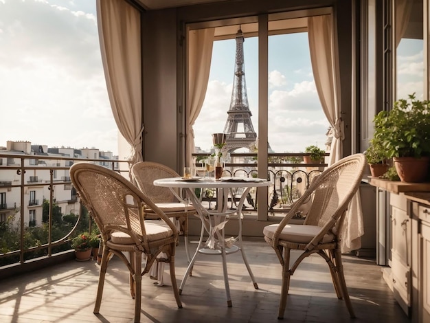 Balkon mit Tisch und Stühlen mit Blick auf den Eiffelturm