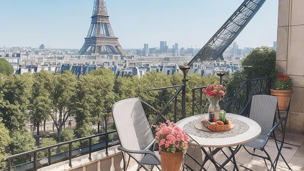 Balkon mit Tisch und Stühlen mit Blick auf den Eiffelturm