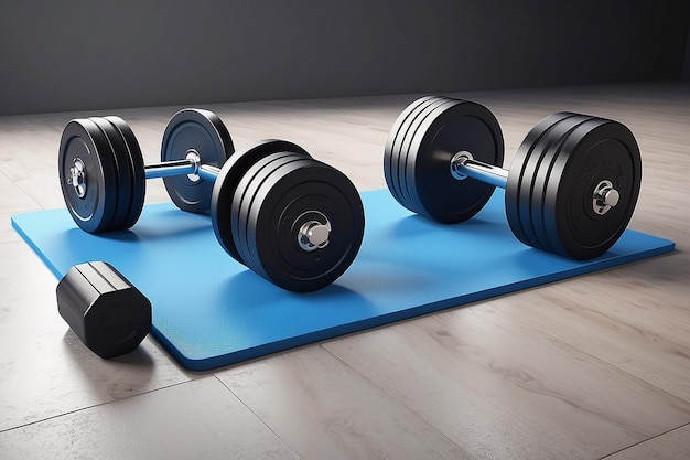 Ball dumbbell y alfombra para fitness estilo de vida saludable tema inventario de fitness renderización en 3D