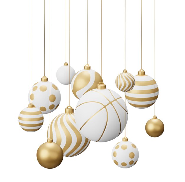Ballas de Navidad Colgantes de Baloncesto de Oro Ilustración de renderizado 3D aislada sobre fondo blanco