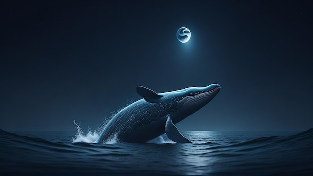 Una ballena en el agua con la luna de fondo