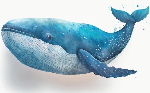 Una ballena azul con una ballena azul en la parte posterior ilustraciones de acuarela estilo de dibujos animados generado ai