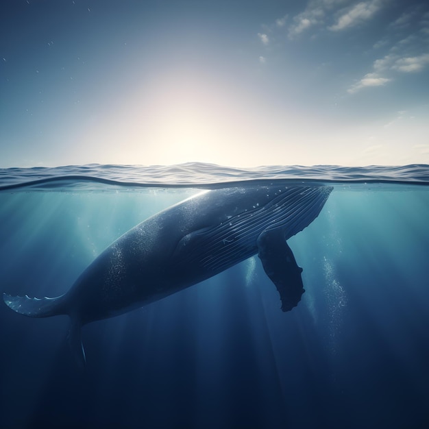 Una ballena azul está nadando bajo el agua.