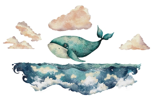 Ballena azul volando en las nubes acuarela ilustración de fantasía aislada en blanco