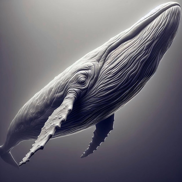 una ballena con una ballena en la cabeza se muestra en un fondo gris