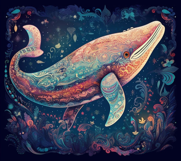 ballena de colores brillantes con patrones intrincados en un fondo azul oscuro generativo ai