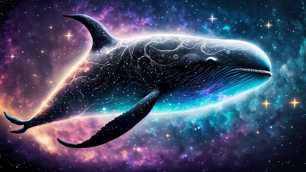 Foto la ballena elegantemente rompe el cielo su forma etérea se fusiona con las estrellas generative ai