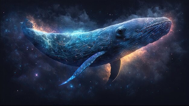 Foto ballena espacial en el espacio criatura divina asombro cósmico inspirador ilustración digital de ensueño generativo ai